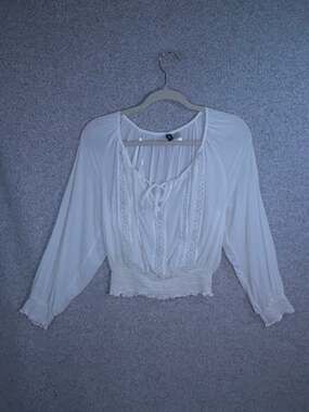 H&M Divided White Boho Peasant Blouse 8 Lace Up Crochet Smocked Crop Top